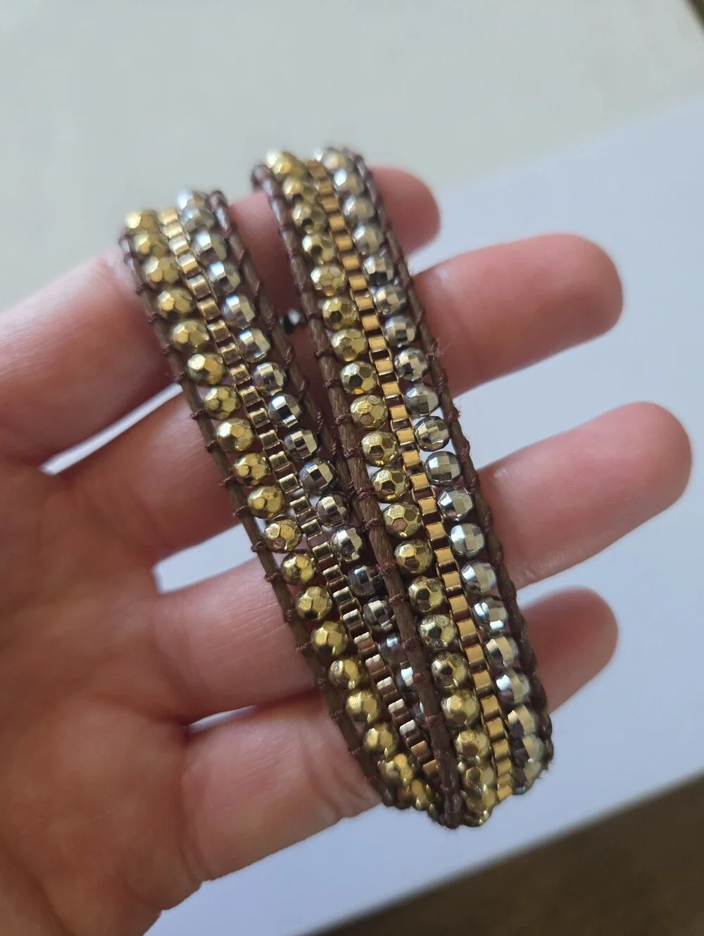 Katie Soleil Beaded Wrap Bracelet Gold Silver Mixed Metal Metallic Leather Boho